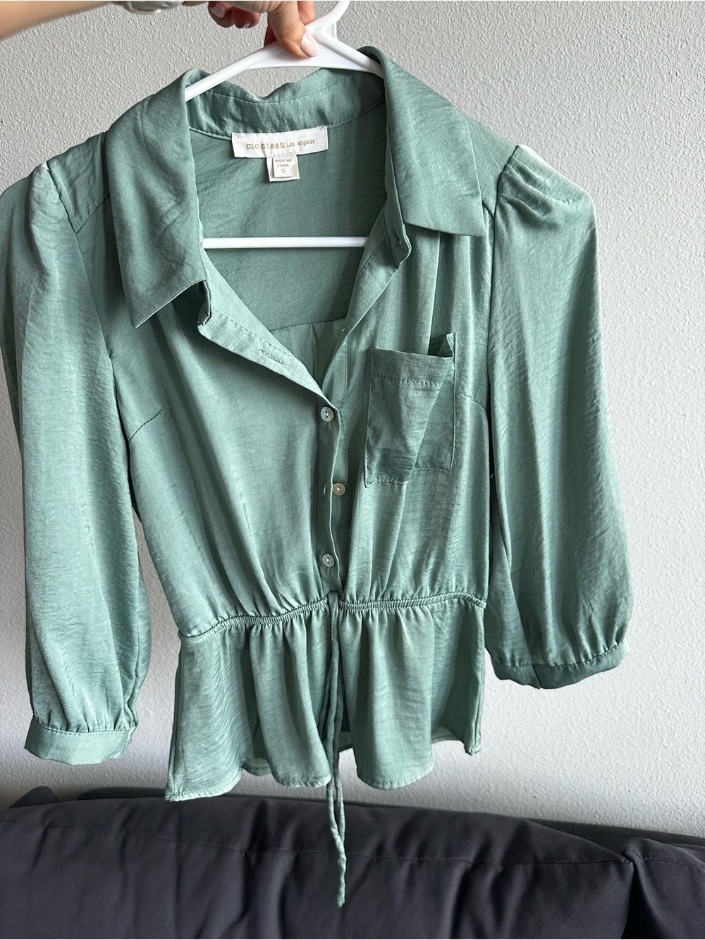 Monteau Sage Green Button-Front Peplum Top
